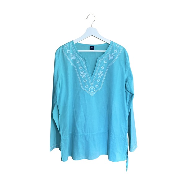 GAP Tops - Gap Womens L Tunic Top Turquoise Blue Cotton Embroidered V-Neck Long Sleeve Boho